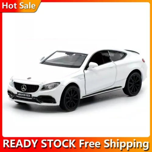 1:36 Mercedes C63S AMG diecast toy car, white coupe with black wheels and grille