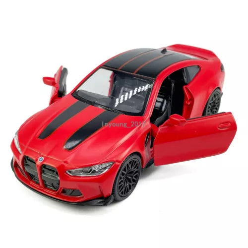 Diecast model car: red BMW M4 CSL with black hood stripe, front door open