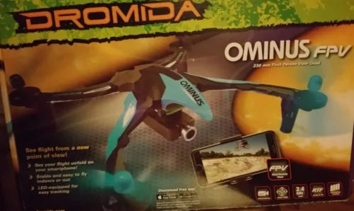 FPV quadcopter drone with four propellers on retail packaging