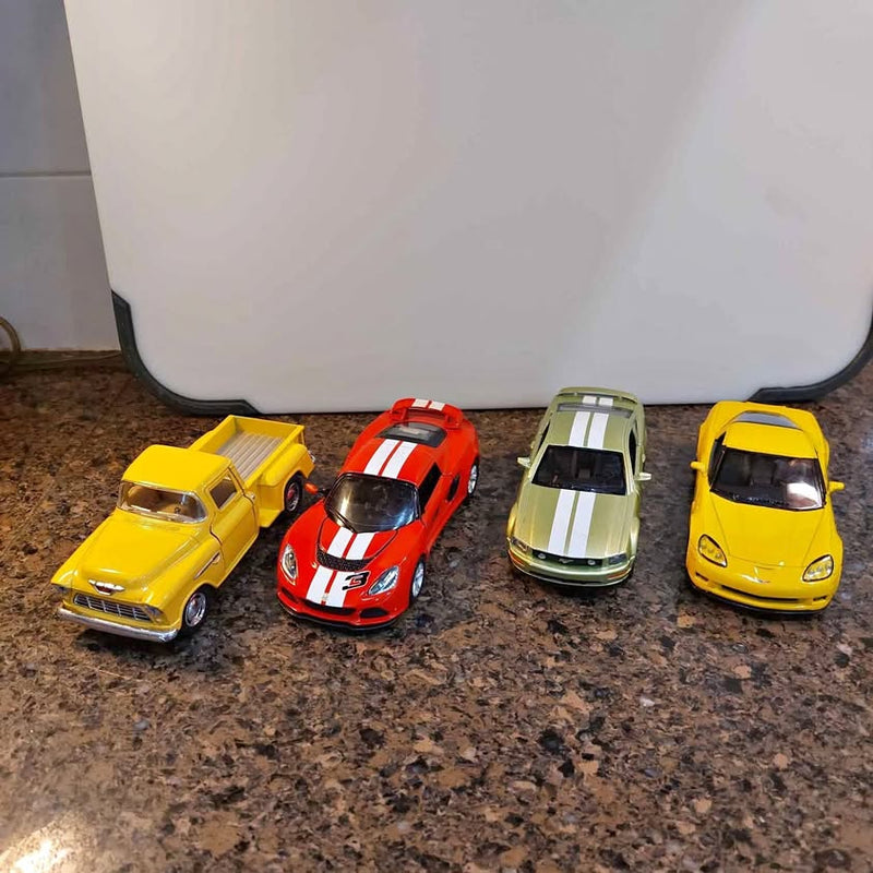 Pull-back diecast vehicle set of four: yellow, red, green, and yellow cars