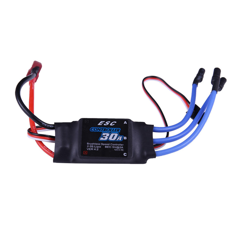Brushless ESC controller board with red and blue wire leads