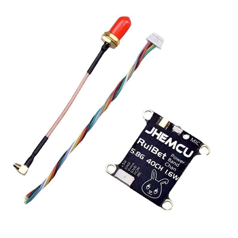 RC FPV VTX module with printed circuit board and multi-color wiring, plus red antenna