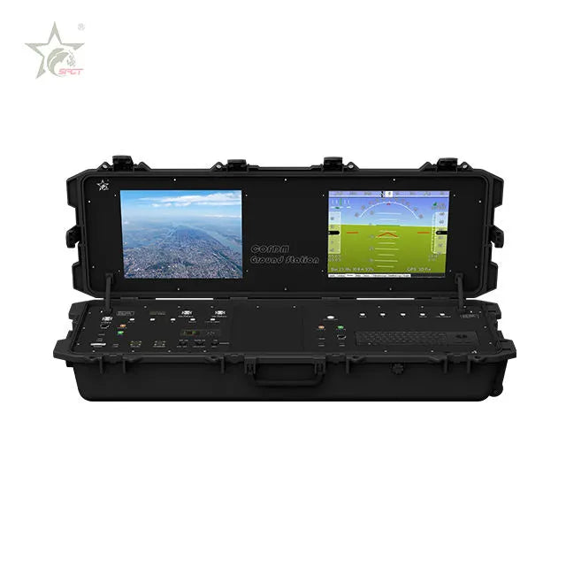 Black fixed-wing flight control station with dual screens, keyboard and touch controls