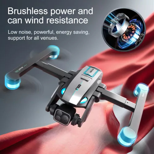 Black mini quadcopter drone with front camera and blue LED lights