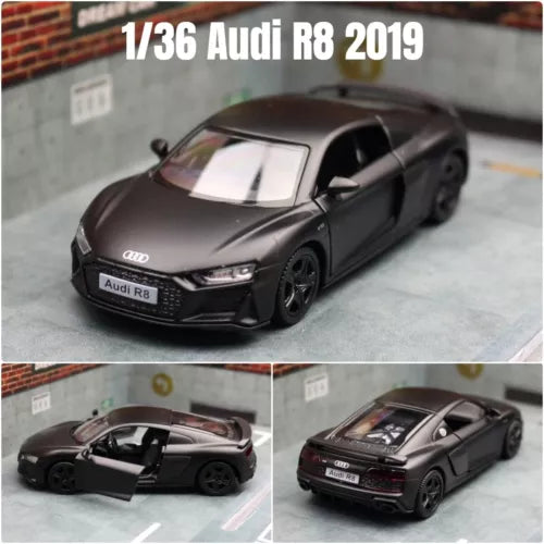 1:36 scale dark Audi R8 coupe diecast toy car, front and side angle