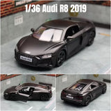 1:36 scale dark Audi R8 coupe diecast toy car, front and side angle