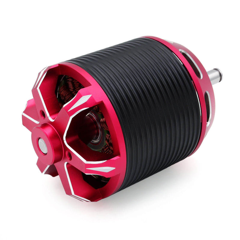 Brushless outrunner motor with red aluminum frame and black ribbed stator housing