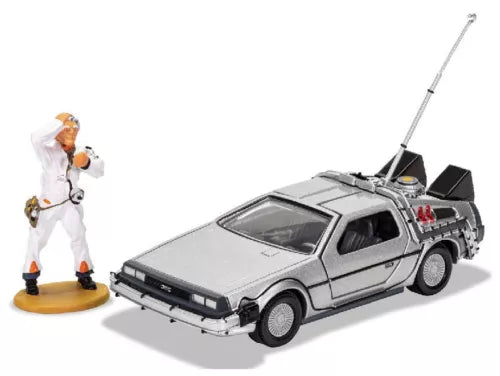 Diecast DeLorean car toy with astronaut figure, 1:36 scale