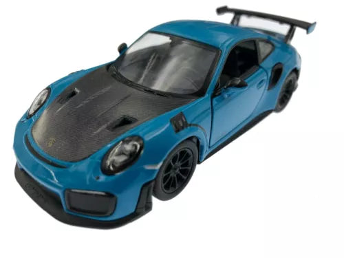 Blue and black diecast Porsche 911 GT2 RS model toy car, front 3/4 view