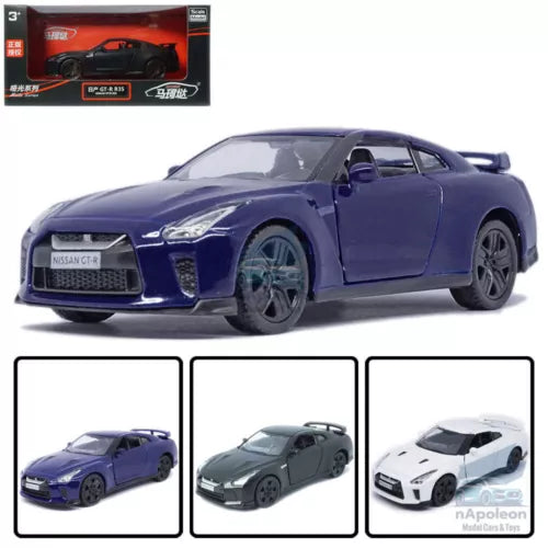 Diecast model car, dark blue sports car with front grille and alloy wheels