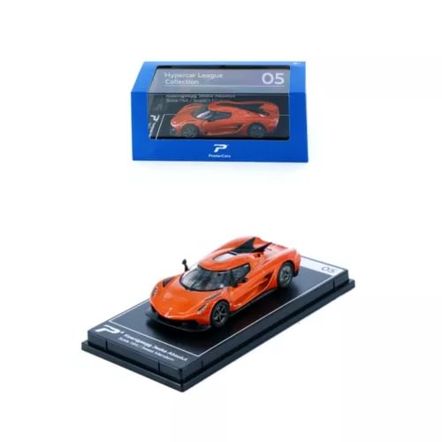 Orange diecast hypercar model on display base with clear cover