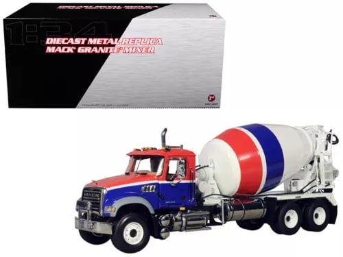 First Gear diecast concrete mixer truck model with red-white-blue mixing drum