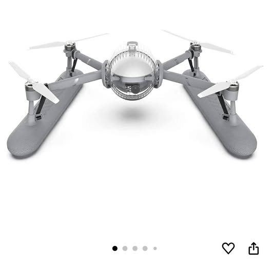 Grey quadcopter drone with four propellers and front spherical camera module