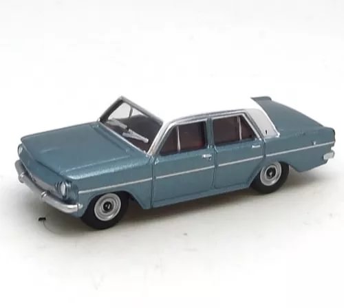 Light blue 1:87 diecast sedan model with chrome grille and black wheels