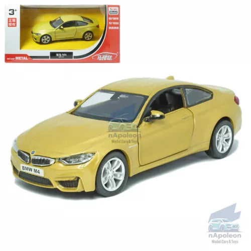 1:36 yellow BMW M4 coupe diecast model car with alloy wheels, front three-quarter view