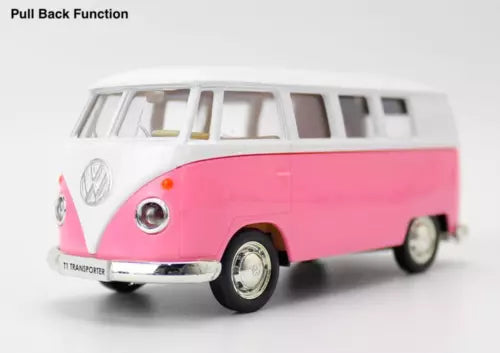 Pink and white diecast mini VW T1 van toy with front wheel and chrome details