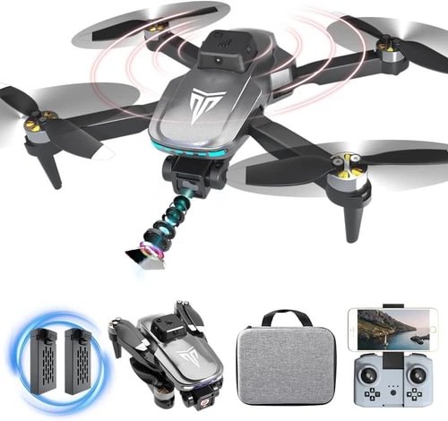 Foldable quadcopter drone with camera, gray carrying case and remote controller set