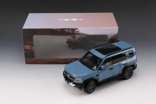 1/18 scale diecast car model toy in blue, front three-quarter view