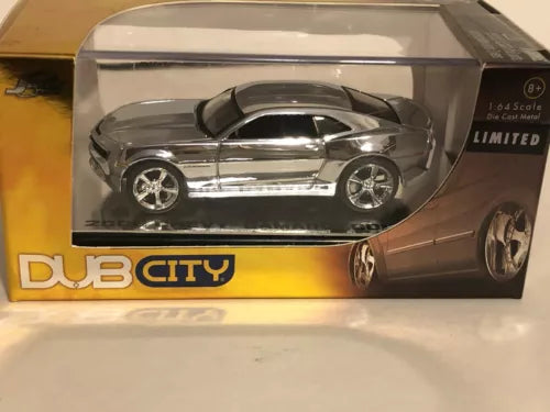 Chrome 1:64 diecast model car in display box, front three-quarter view