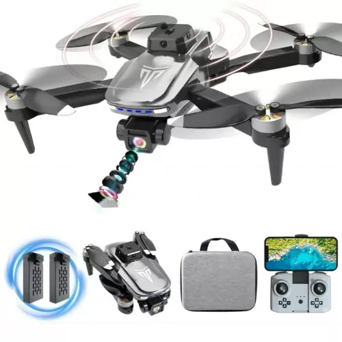 Foldable quadcopter drone with front 4K camera, black and gray, with controller and case