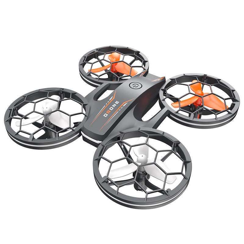 Mini LED toy drone with three circular soccer-ball style propeller guards