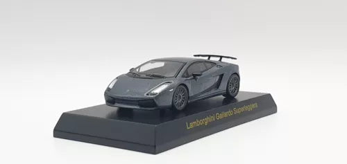 Grey diecast Lamborghini Gallardo Superleggera model car on display base