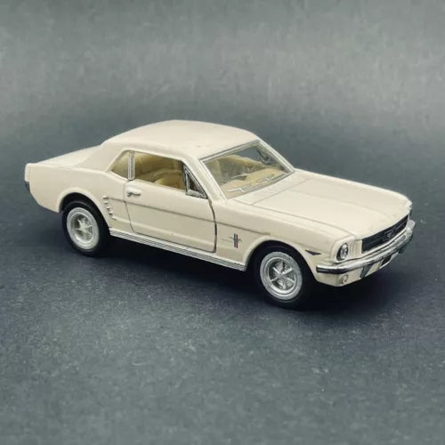 Kinsmart pull-back diecast Mustang toy car, cream, side view, opening doors.