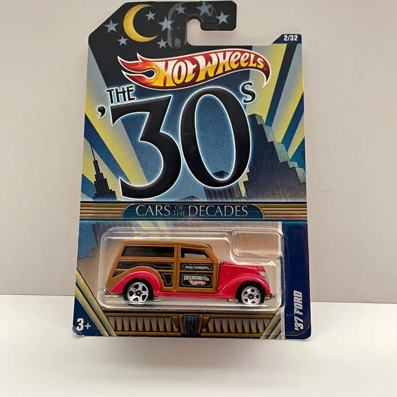Red Hot Wheels 1937 Ford Woodie wagon diecast in blister card, 2/32