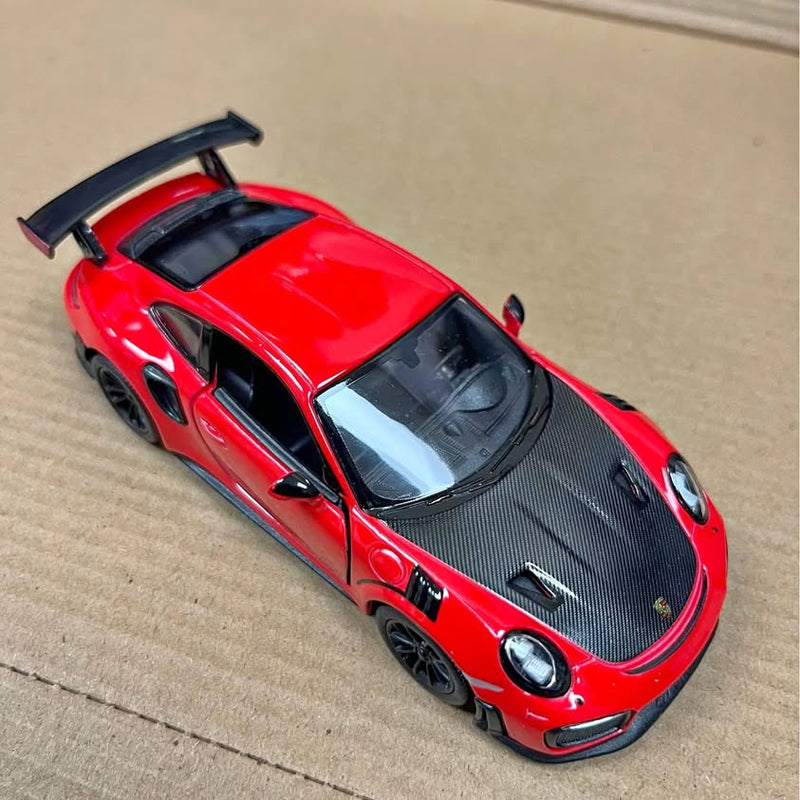 Red Porsche diecast sports car model, 1:32 scale