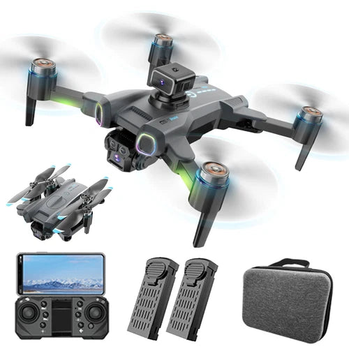 Grey quadcopter RC drone with 4 propellers and front camera gimbal