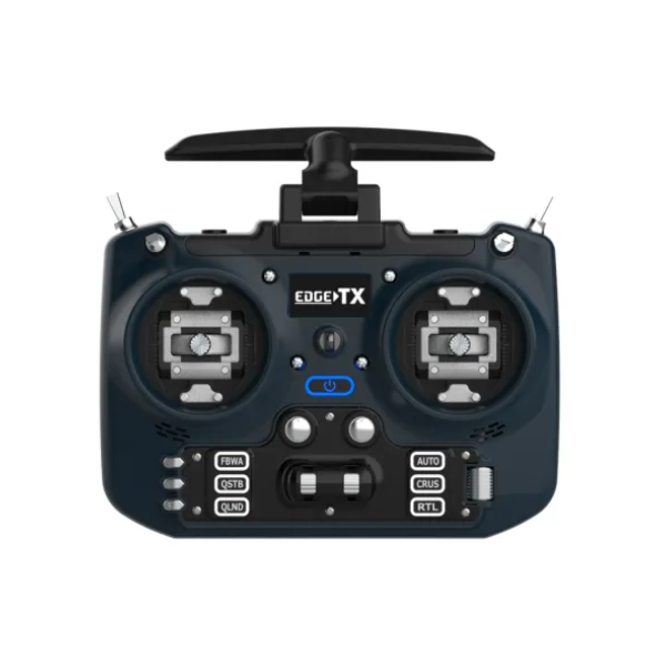 Dark blue radio transmitter with two joysticks, side switches, and dual antennas
