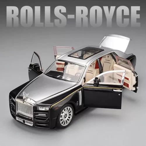 Diecast toy car model, black and silver, front doors open and hood raised