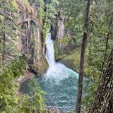 Aerial drone photo of a turquoise river winding through a forested canyon