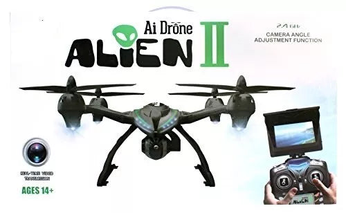 AI drone set with two black quadcopter drones, camera and remote control
