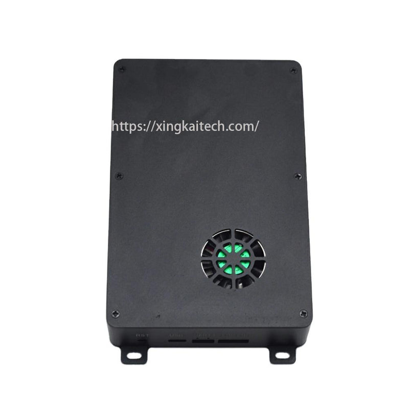 Black wireless mesh radio module with cooling fan vent on front panel