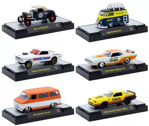1/64 diecast car set with six cars on display bases, assorted colors