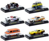 1/64 diecast car set with six cars on display bases, assorted colors