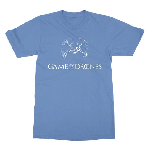 Blue unisex t-shirt with white drone line-art graphic and Game of Drones text