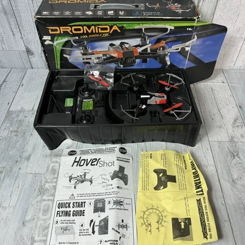 FPV camera drone kit in retail box with accessories and instruction manuals