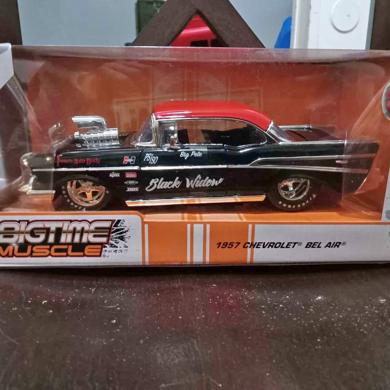 1/24 scale diecast 1957 Chevy Bel Air Black Widow car, black with red roof