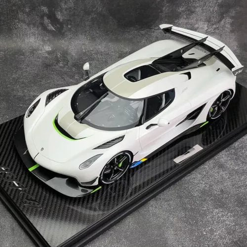 White resin diecast sports car model with black accents on display base