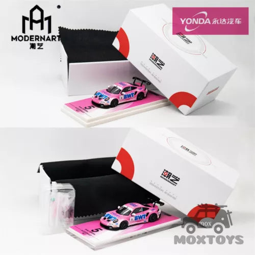 1:64 diecast race car toy, pink and white Porsche-style car with BWT graphics, in box