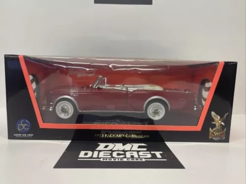 Red 1953 Packard Caribbean convertible diecast model in display box