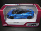 Blue diecast sports car in box, McLaren 720S model with clear window