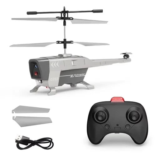 Remote-controlled helicopter drone with black controller and gray body, rotors and skids