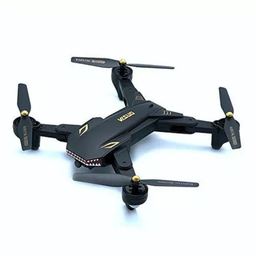 Black quadcopter drone with four propellers and front camera module