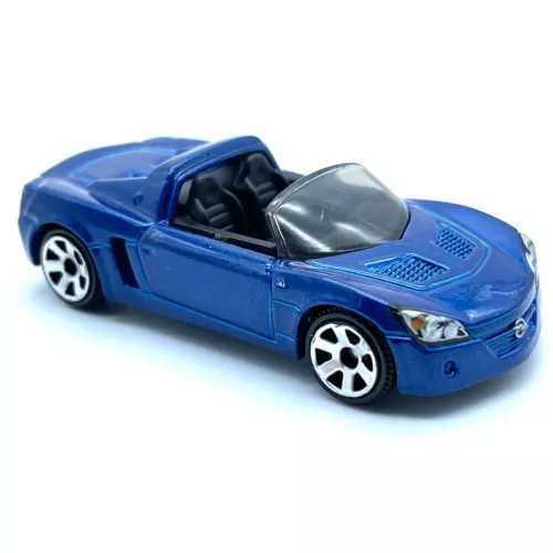 Metallic cobalt blue diecast sports car toy with detailed headlights and silver hood