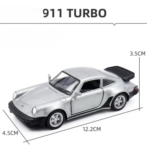 Diecast toy car model, silver classic coupe with black roof and hood detail