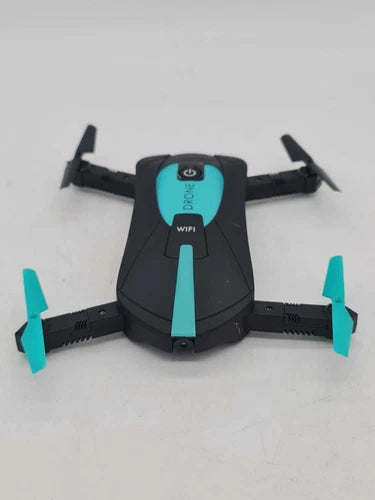 Foldable pocket drone with four propellers, black body and teal accents