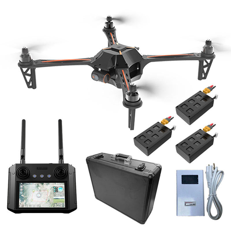 FPV quadcopter drone kit with camera, remote controller, spare battery modules and cables